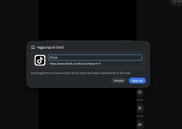 Aggiungere TikTok al Dock Safari Mac