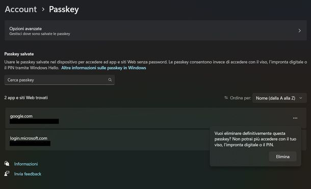 Eliminare passkey Windows