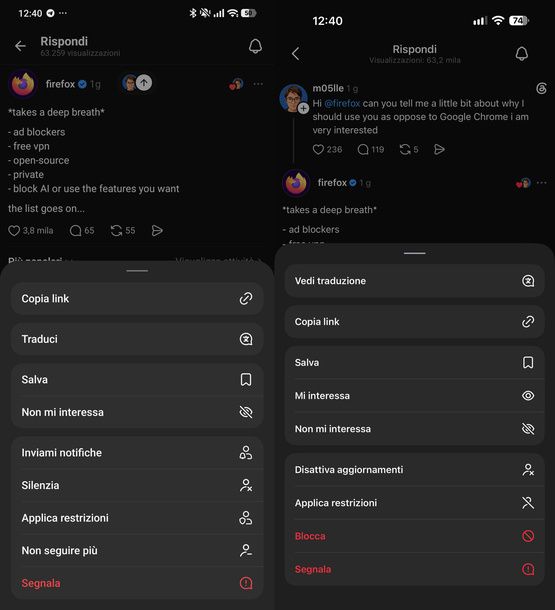 Altre opzioni su un thread Android iPhone