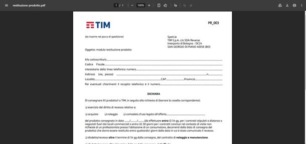 restituzione prodotti tim