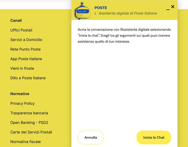 Avviare chat Assistente Digitale Poste Italiane PC