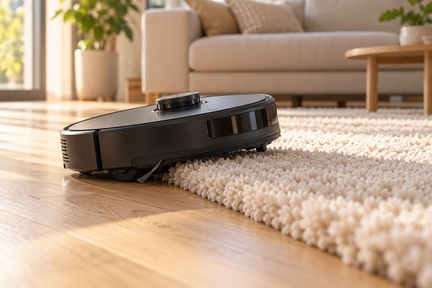 Robot aspirapolvere sul tappeto soffice