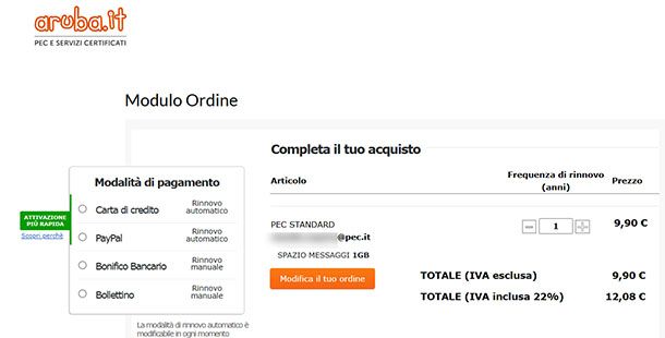 Pagamento PEC Aruba