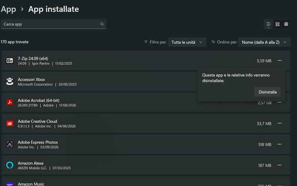Disinstallare app installate Windows