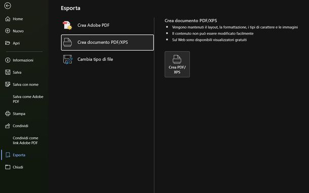Esportare documento in PDF Microsoft Word Windows