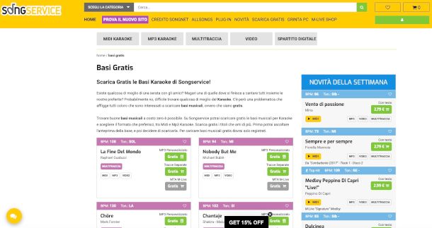 sito Song Service sezione brani musicali gratis