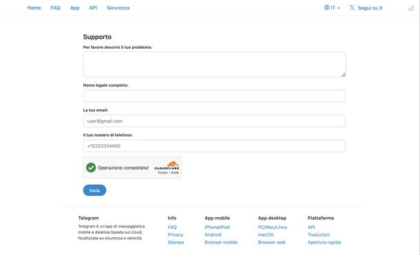Contattare il supporto di Telegram