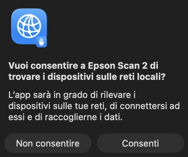 Consentire accesso rete locale Epson Scan 2 Mac