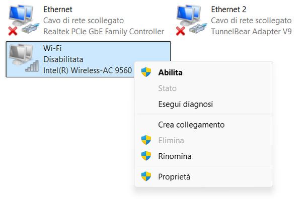 Abilitare scheda WiFi Pannello di controllo Windows