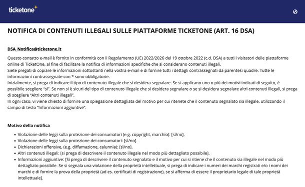 Segnalare contenuti illegali DSA sito TicketOne