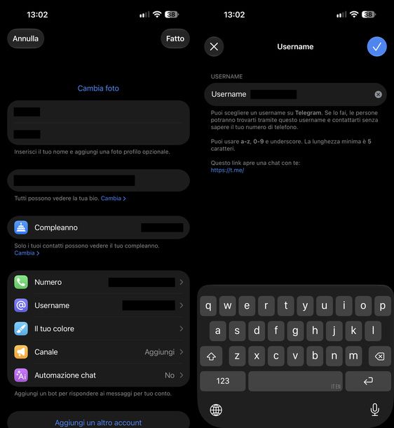 Impostare username Telegram iPhone