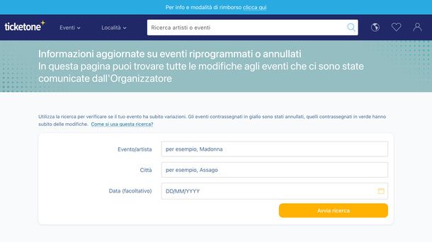 Verificare eventi annullati posticipati sito TicketOne