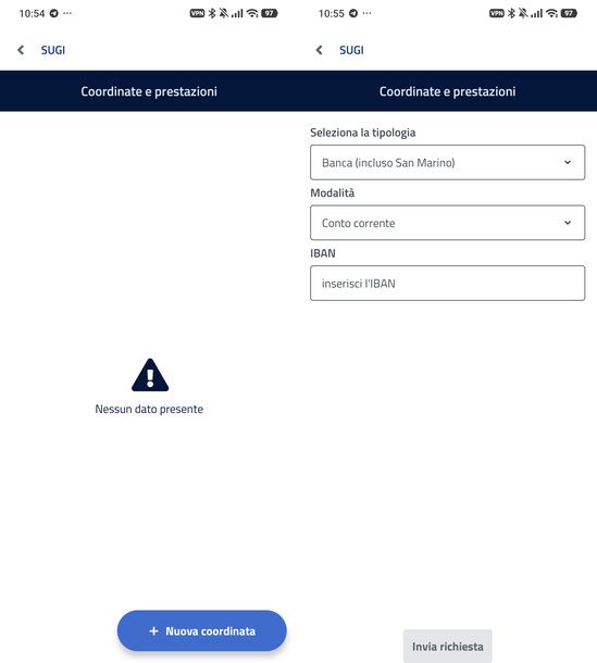 Inserire nuovo IBAN app INPS Mobile Android