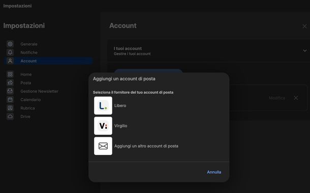 Aggiungere altro account Libero Mail