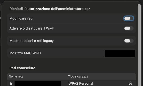 Opzioni avanzate WiFi Mac