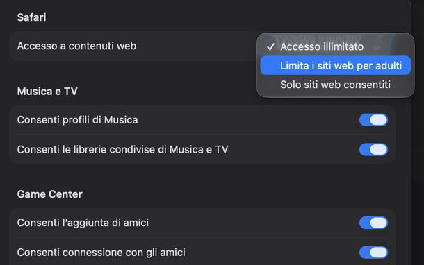 Limitare siti Web per adulti Mac