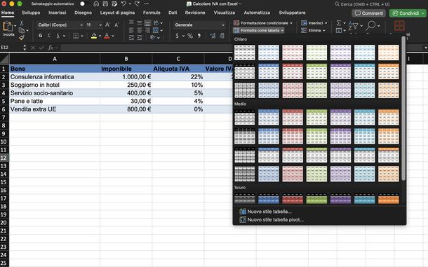 Formattare come tabella Excel Mac