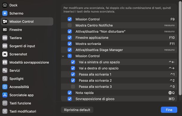 Attivare scorciatoie scrivania 1 e 2 Mac