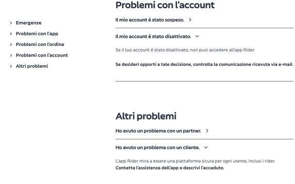 Consultare FAQ problemi Glovo Rider Hub