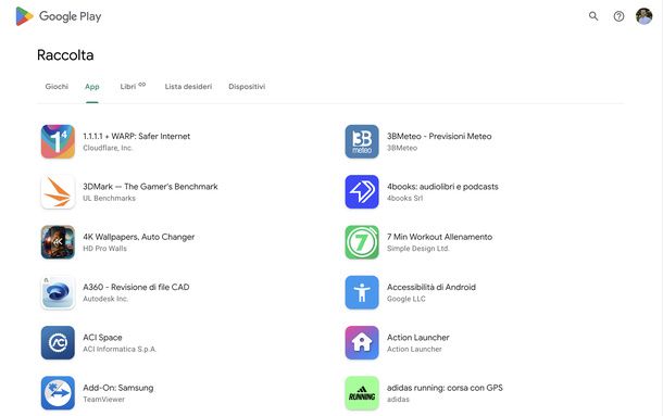 Vedere app scaricate Google Play Web