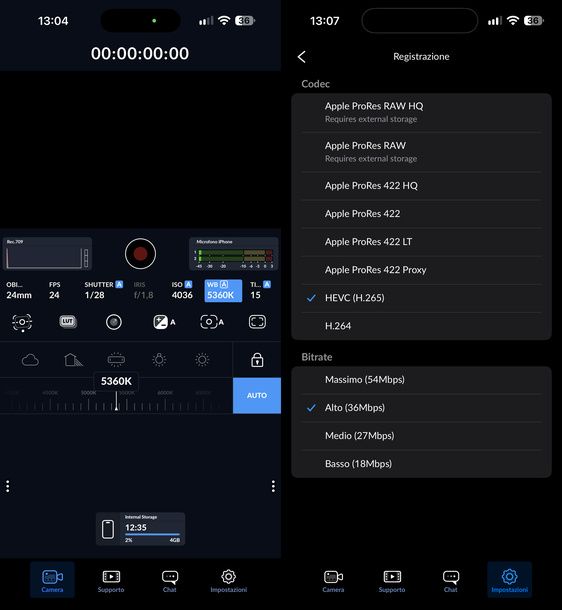 Interfaccia Blackmagic Camera iPhone