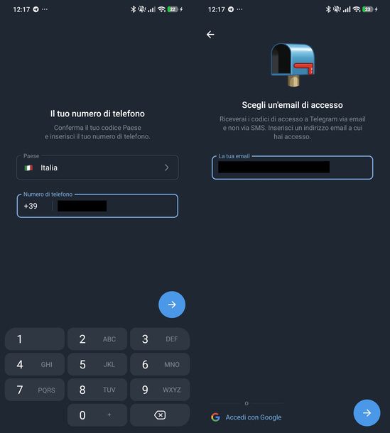 Inserire numero di telefono ed email Telegram Android