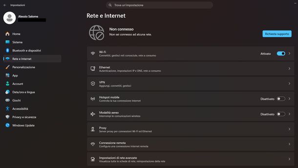 Attivare WiFi app Impostazioni Windows