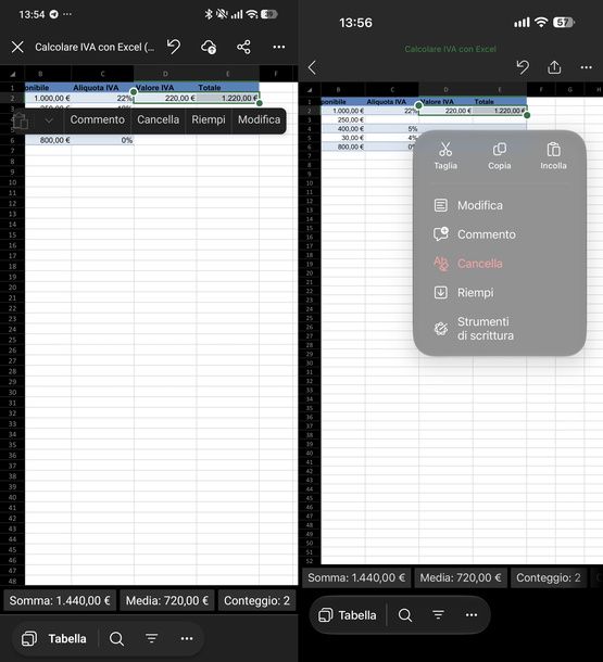 Riempire celle Excel Android iPhone