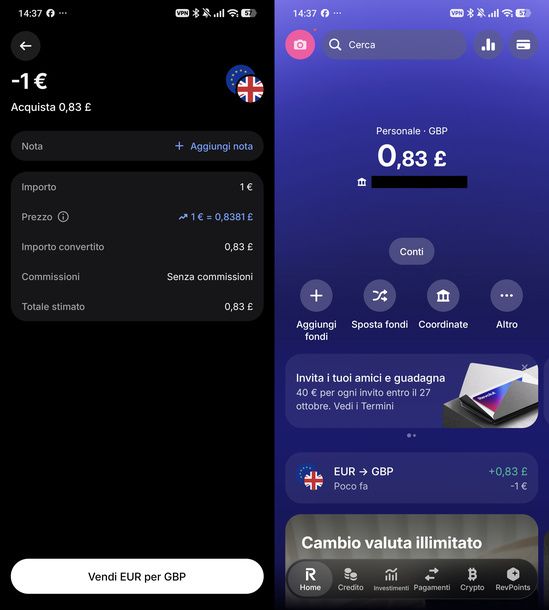 Convertire euro in sterline Revolut Android