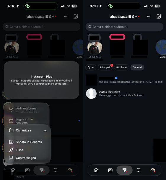 Spostare chat in Generali Instagram iPhone