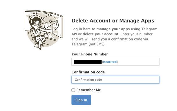 Accedere pagina eliminazione account Telegram browser