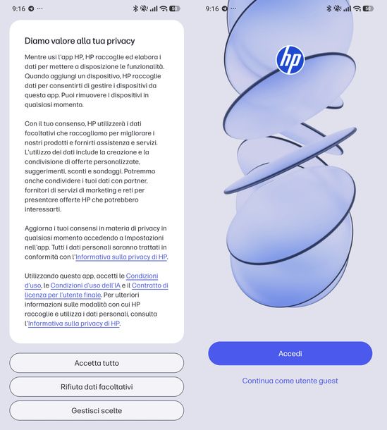 Primo avvio app HP Android