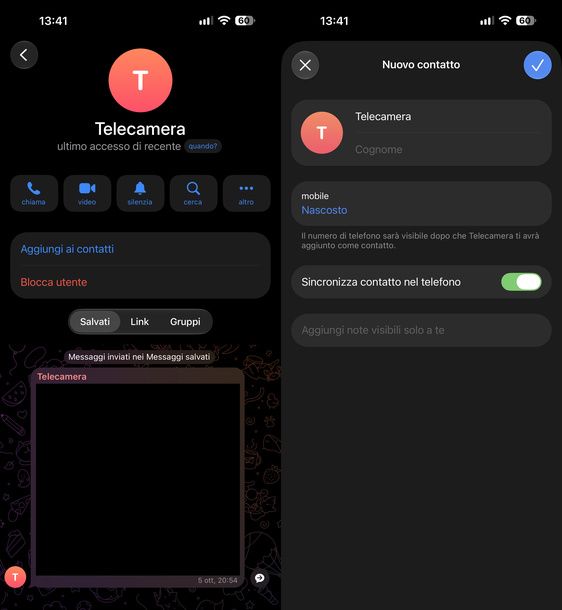 Numero nascosto Telegram iPhone