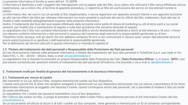 Indirizzi email privacy DPO sito TicketOne
