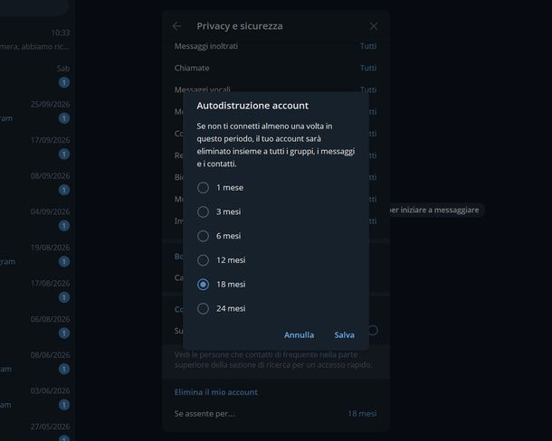 Programmare eliminazione account Telegram Windows