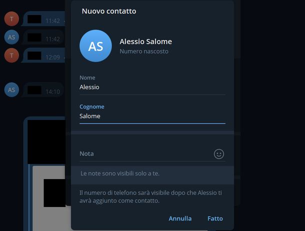 Numero nascosto Nuovo contatto Telegram Windows
