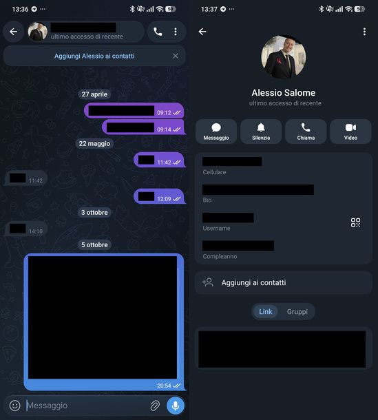 Vedere numero persona non salvata Telegram Android