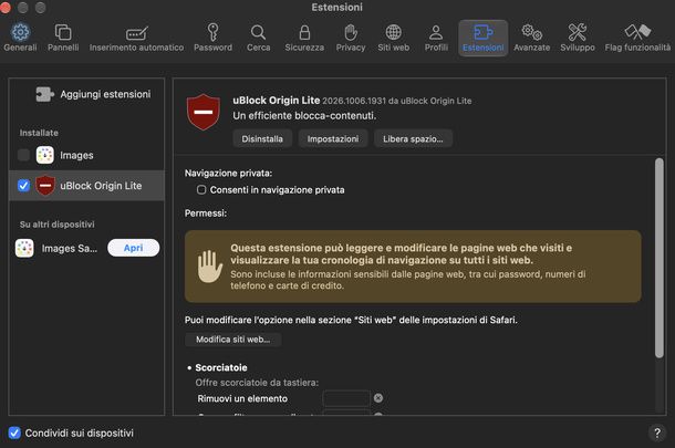 Disattivare adblocker Safari Mac