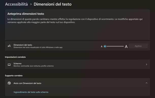 Ingrandire testo Windows 11