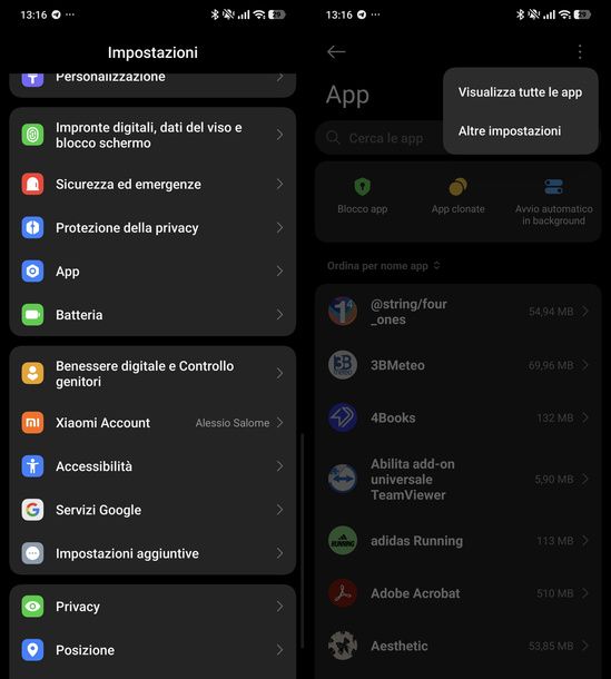 Vedere tutte le app Impostazioni Xiaomi
