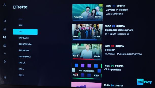 interfaccia app RaiPlay sezione Dirette