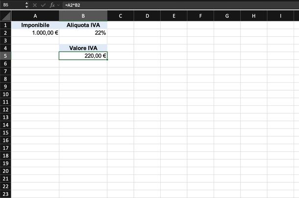 Calcolare valore IVA Excel