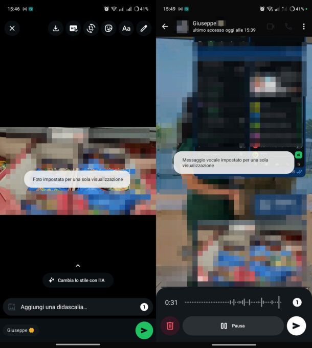 Impostare una sola visualizzazione WhatsApp