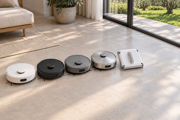 Fila di robot aspirapolvere nella casa luminosa