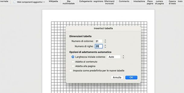 Tabella Word a quadretti