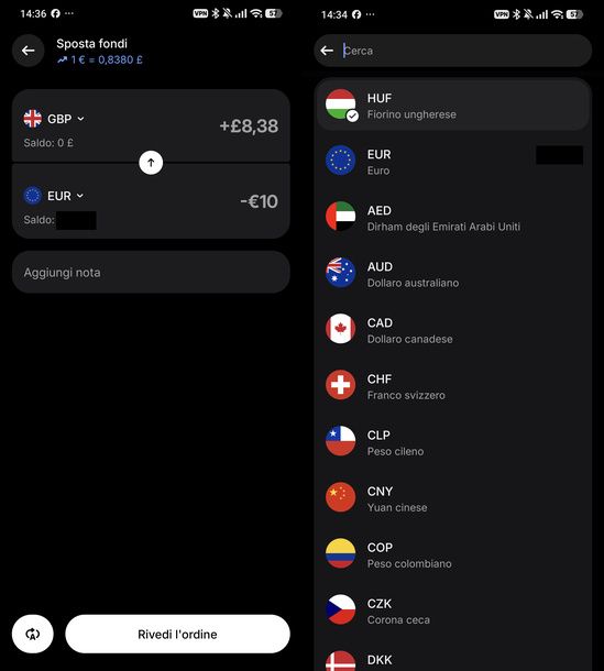 Scegliere valuta da acquistare Revolut Android