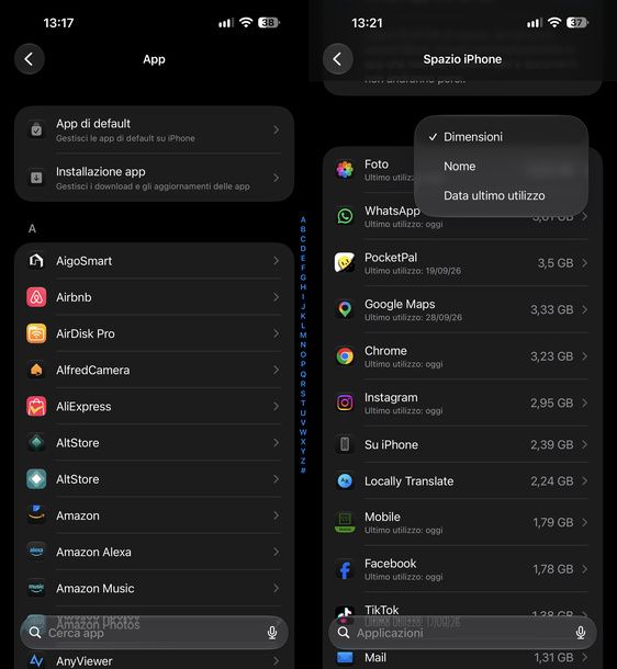 Vedere elenco app Impostazioni iPhone