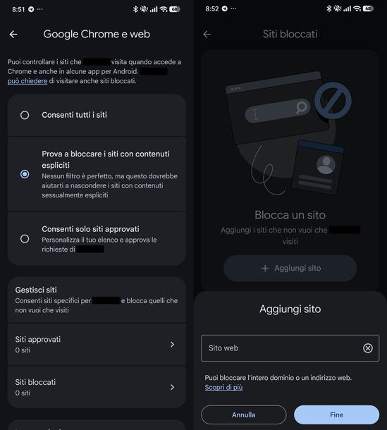 Bloccare siti espliciti Family Link Android
