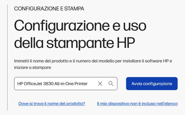 Scegliere modello stampante sito HP Windows