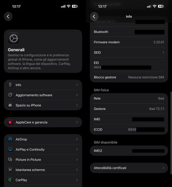 Trovare ICCID SIM da Impostazioni iPhone